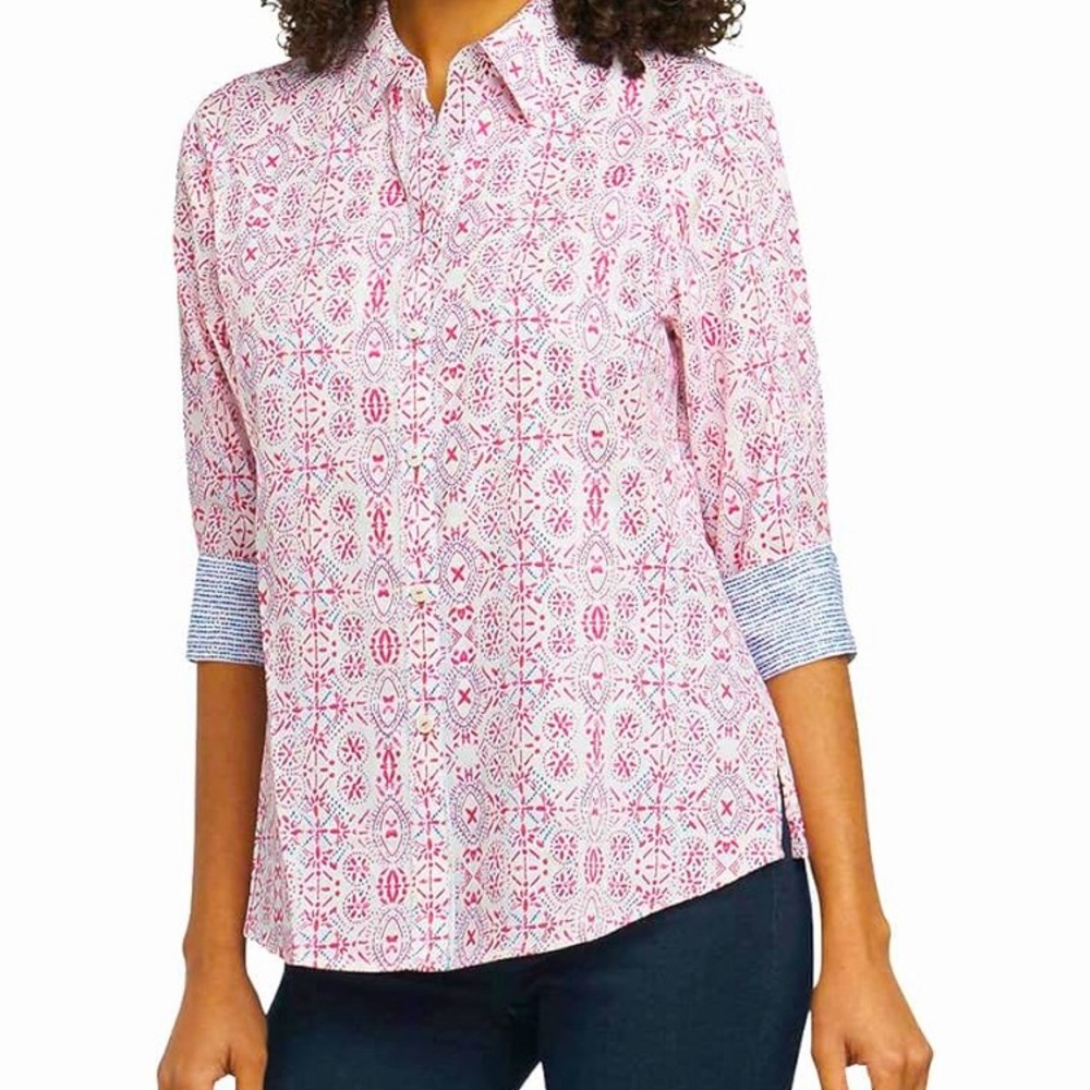 Foxcroft Womens Button Up Top  3/4 Sleeve Crisp White w/ Pink Tribal Floral  XL